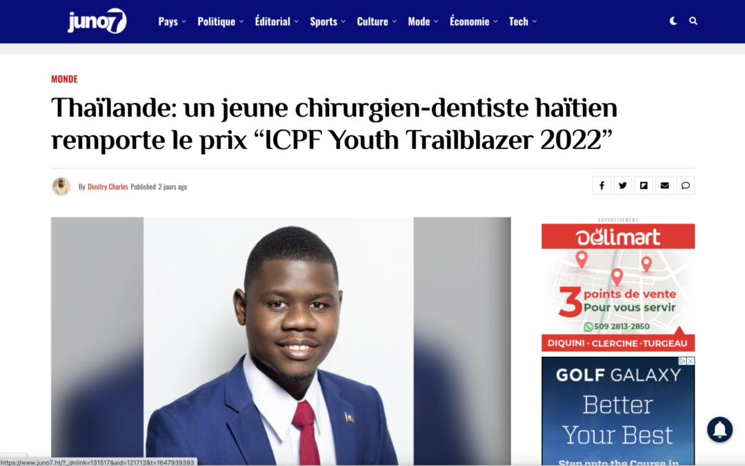 Thaïlande : Un jeune dentiste haïtien remporte le prix "ICFP Youth Trailblazer 2022".