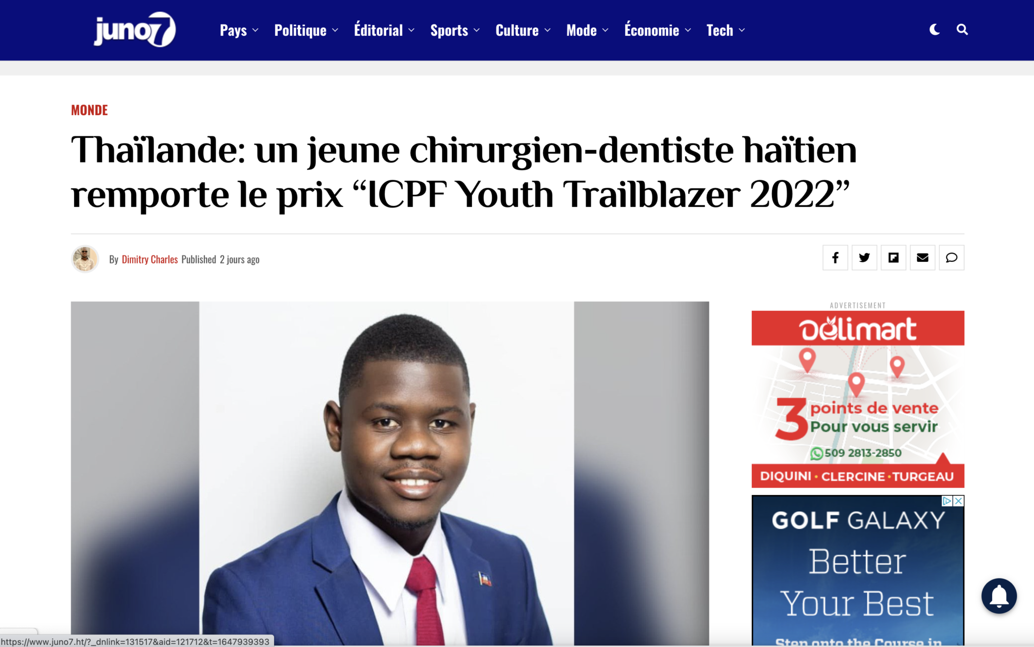 Thailand: Young Haitian Dentist Wins “ICFP Youth Trailblazer 2022” Award